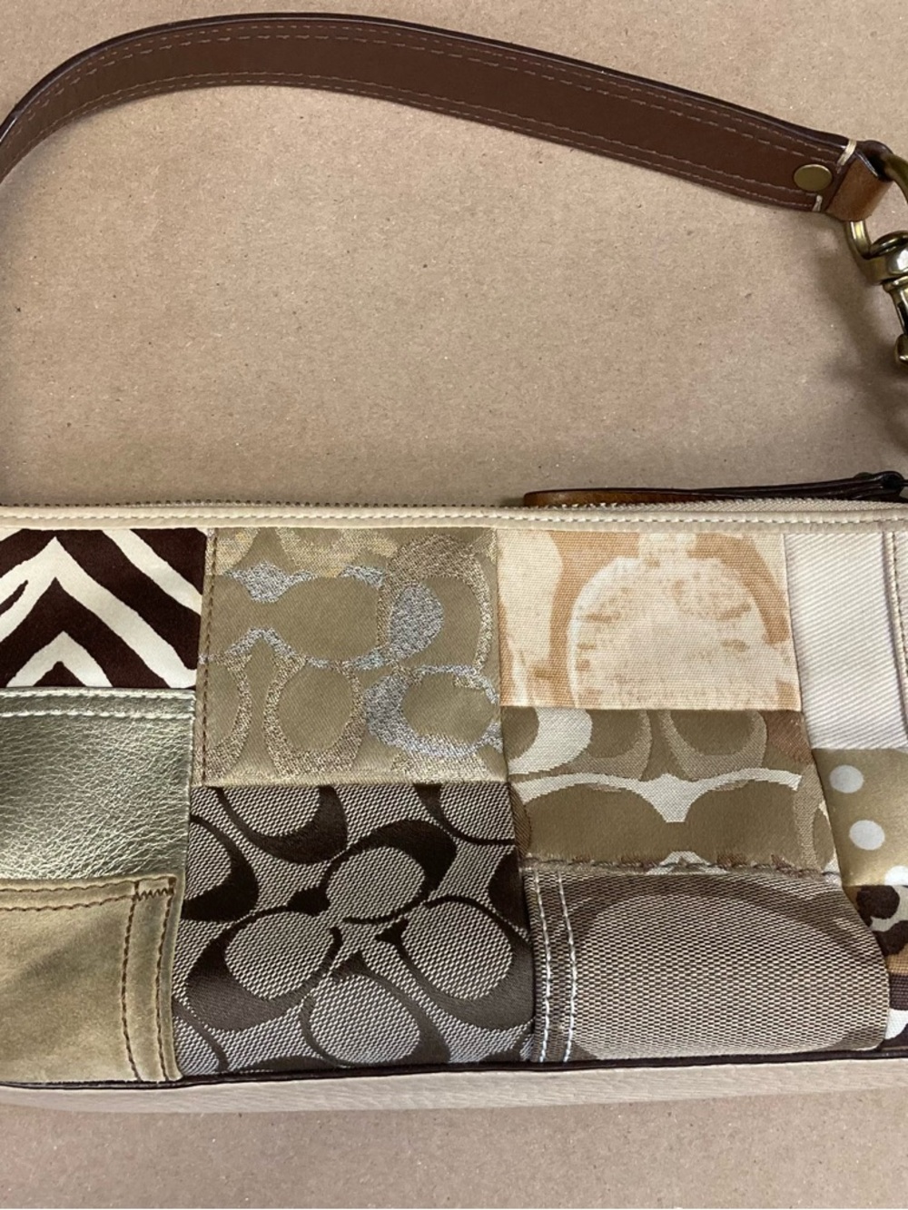 Coach Patchwork Wristlet Clutch Brown Tan Signature C Fabric Leather Trim